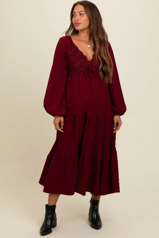 Burgundy Contrast Lace Bodice Tiered Maternity Midi Dress Elegant Satin Slip Midi Dress