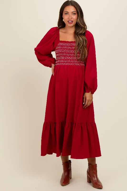 Burgundy Contrast Smocked Balloon Sleeve Maternity Midi Dress Comfortable Casual Midi Dress