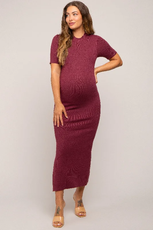 Burgundy Knit Fitted Mock Neck Maternity Midi Dress Fashionable Pencil Midi Dress