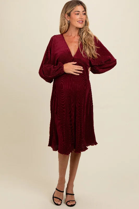 Burgundy Pleated Deep V-Neck Maternity Midi Dress Stylish High-Waisted Midi Dress