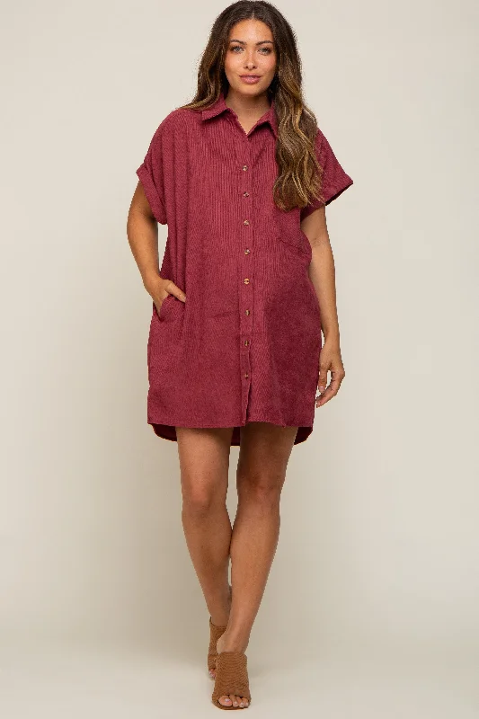 Burgundy Ribbed Button Down Maternity Mini Dress Cozy Cotton Mini Dress