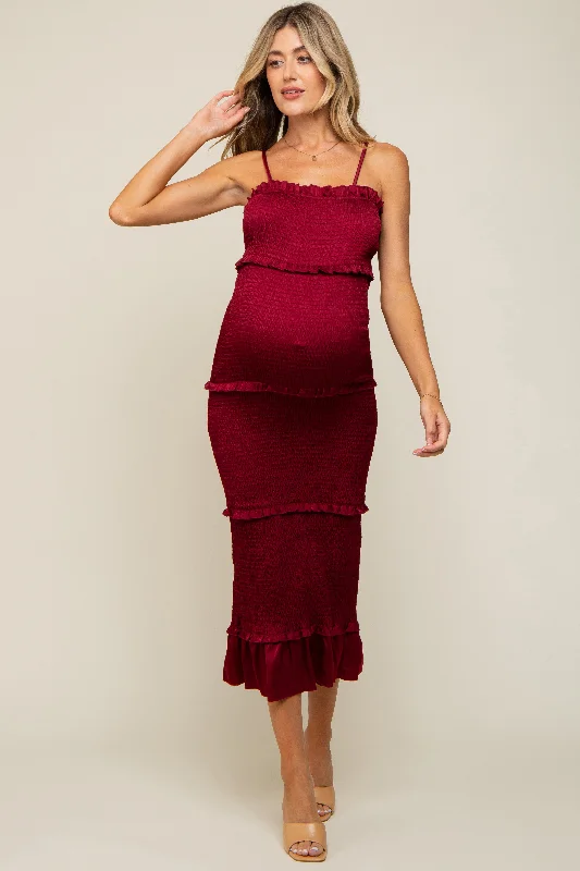 Burgundy Satin Smocked Fitted Maternity Midi Dress Comfortable Short Sleeve Midi Dress