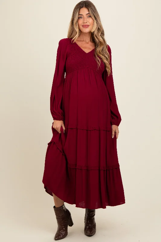 Burgundy Smocked Tiered Maternity Midi Dress Elegant Floral Midi Dress