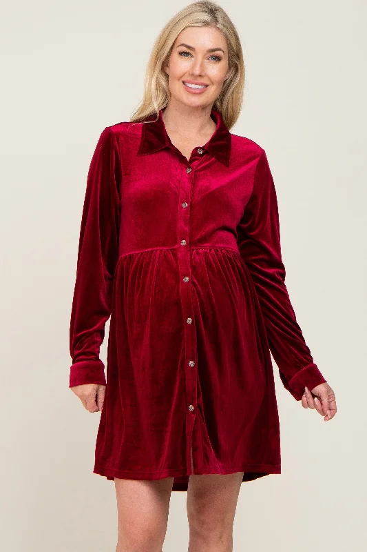 Burgundy Velvet Button Down Maternity Mini Dress Trendy Mesh Mini Dress