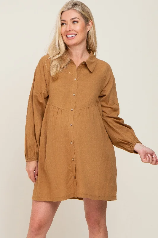 Camel Button Down Maternity Mini Dress Fashionable Summer Mini Dress