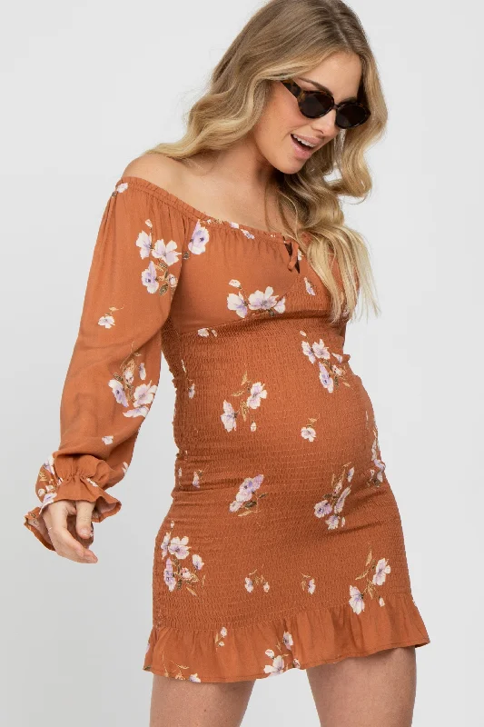 Camel Floral Long Sleeve Smocked Maternity Mini Dress Stylish Sweetheart Neck Mini Dress