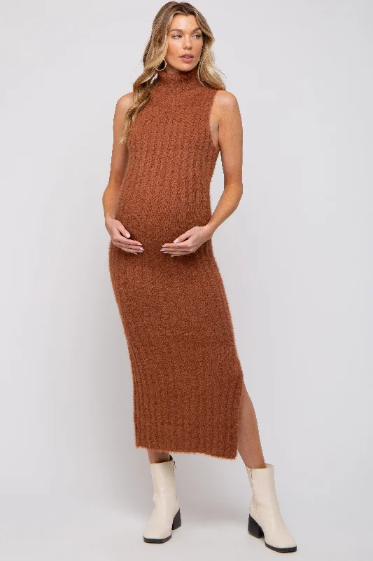 Camel Fuzzy Knit Sleeveless Turtle Neck Maternity Midi Dress Cozy Ribbed Knit Midi Dress