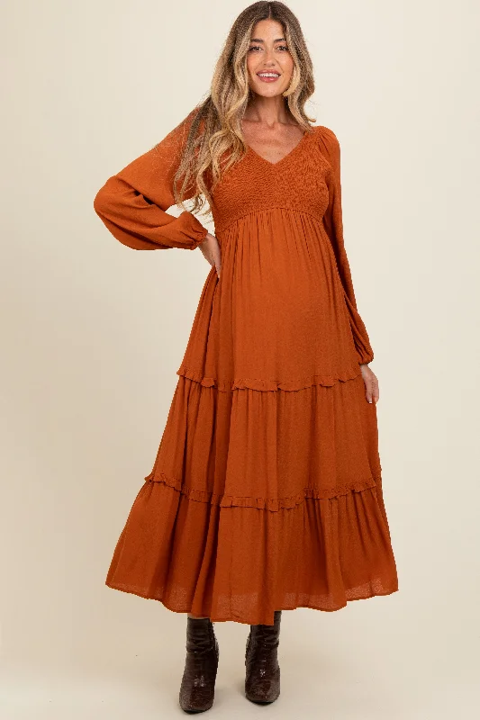 Camel Smocked Tiered Maternity Midi Dress Stylish Vintage Midi Dress