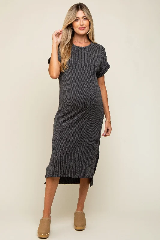 Charcoal Ribbed Short Sleeve Maternity Midi Dress Trendy Ruffled Sleeve Midi Dress