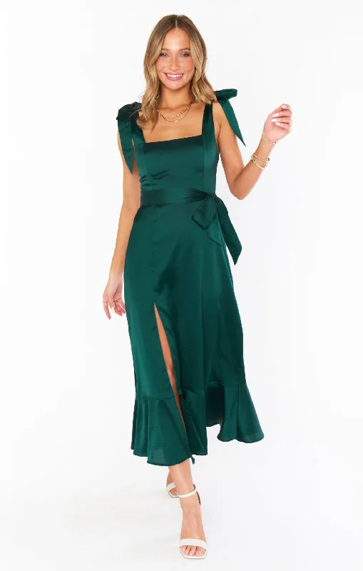 Claire Midi Dress ~ Deep Emerald Luxe Satin Stylish Button-Up Midi Dress