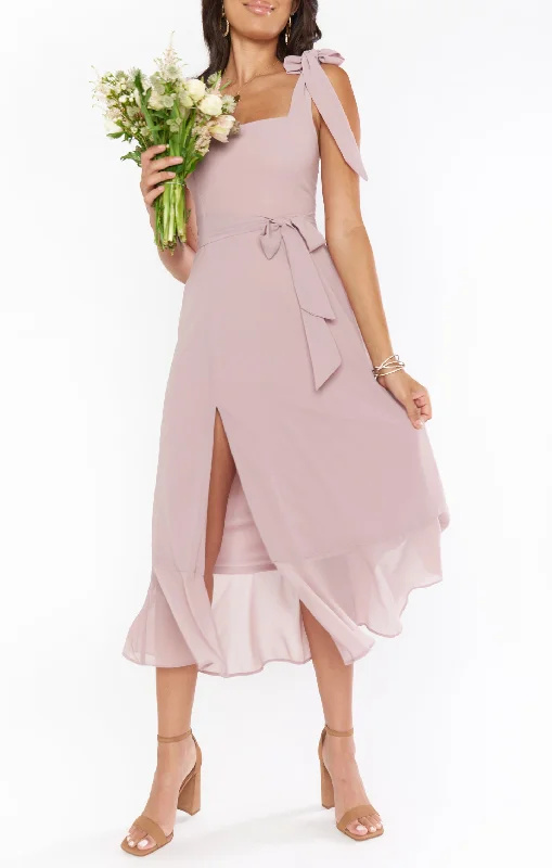 Claire Midi Dress ~ Neutral Mauve Chiffon Trendy Shift Midi Dress