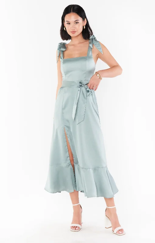 Claire Midi Dress ~ Silver Sage Luxe Satin Trendy Square Neck Midi Dress