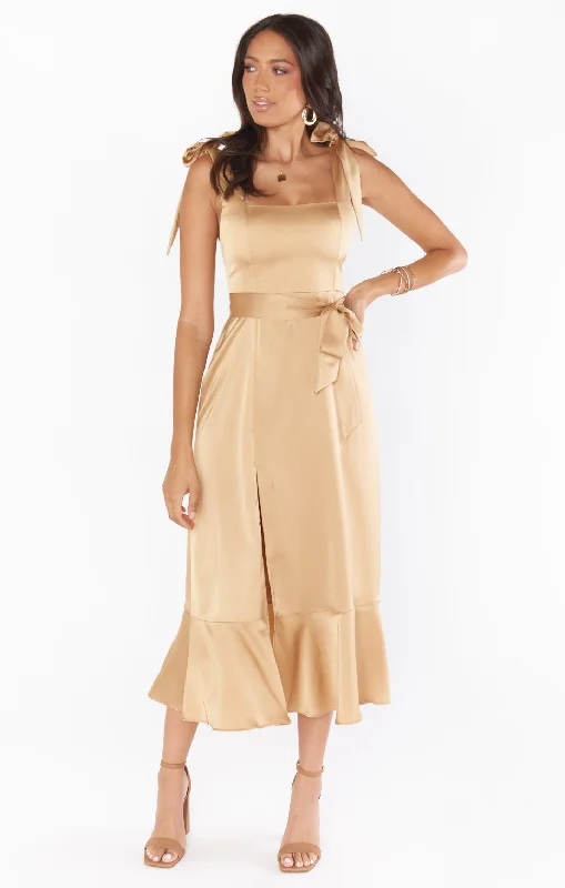 Claire Midi Dress ~ True Gold Luxe Satin Comfortable Short Sleeve Midi Dress