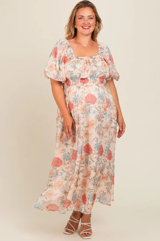 Cream Blue Floral Chiffon Puff Sleeve Maternity Plus Midi Dress Comfortable Stretch Midi Dress