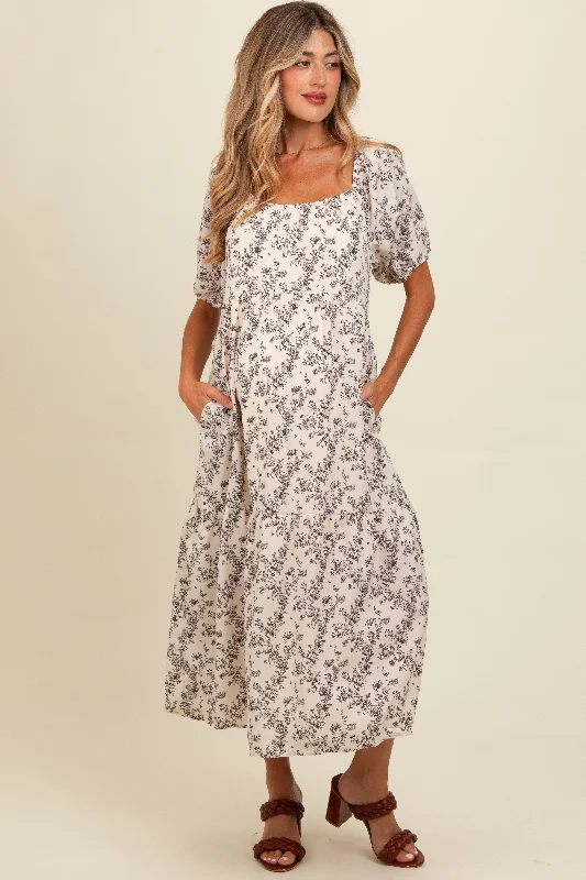 Cream Floral Ruffle Hem Maternity Midi Dress Comfortable Ruched Midi Dress