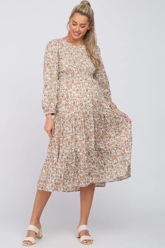 Cream Floral Smocked 3/4 Sleeve Maternity Midi Dress Fashionable Fitted Midi Dress