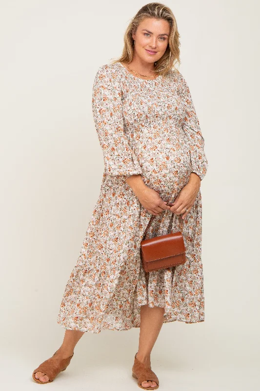 Cream Floral Smocked 3/4 Sleeve Maternity Plus Midi Dress Elegant Satin Button Midi Dress