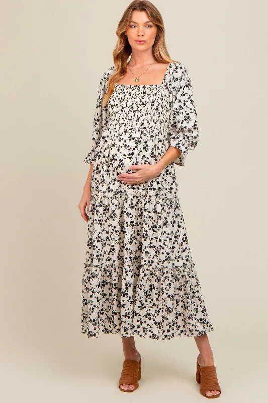 Cream Smocked Tiered Pocketed Maternity Midi Dress Chic Bohemian Midi Dress