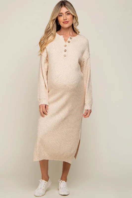 Cream Waffle Knit Button Long Sleeve Maternity Midi Dress Elegant Pleated Detail Midi Dress