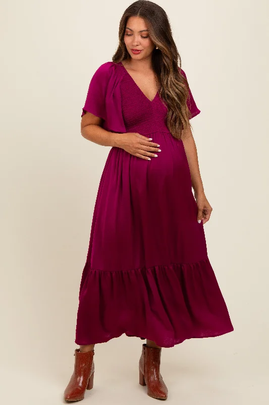 Deep Red Satin Smocked Maternity Midi Dress Fashionable Pleated Midi Dress