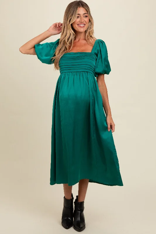 Emerald Green Satin Pleated Bodice Puff Sleeve Maternity Midi Dress Elegant Floral Midi Dress