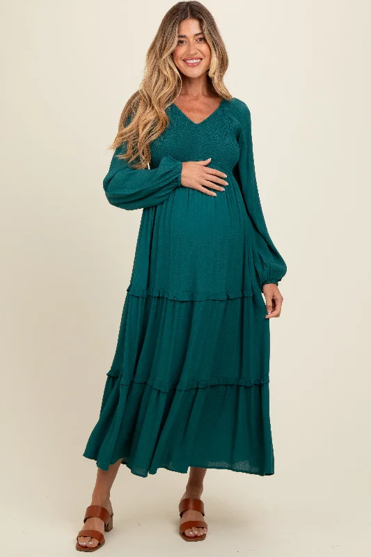 Emerald Smocked Tiered Maternity Midi Dress Comfortable Floral Print Midi Dress