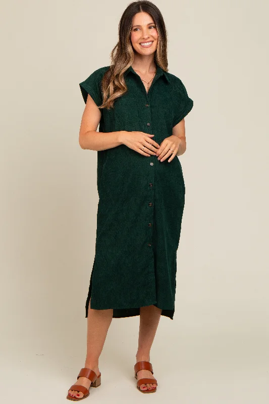 Forest Green Corduroy Button Down Maternity Midi Dress Chic Floral Print Midi Dress