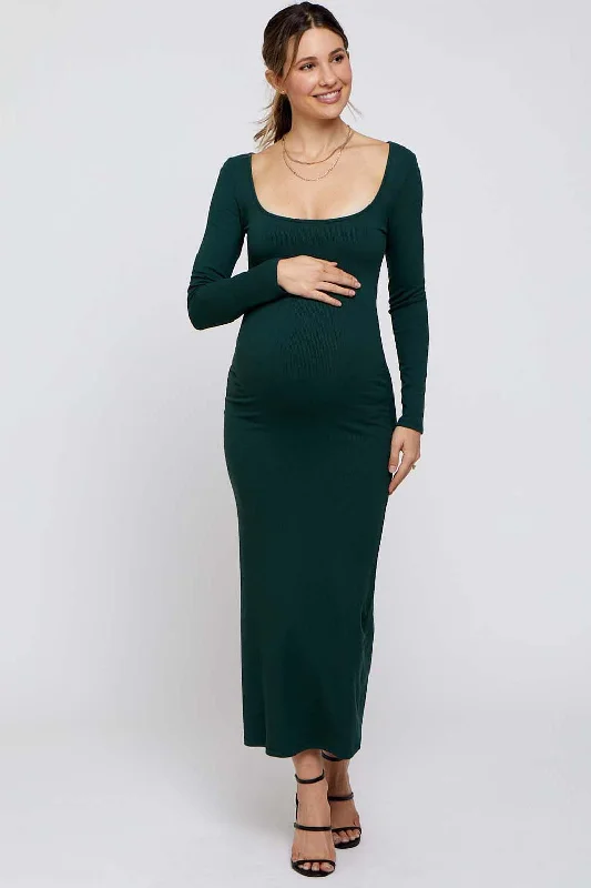 Forest Green Ribbed Scoop Neck Maternity Midi Dress Comfortable Ribbed Midi Dress