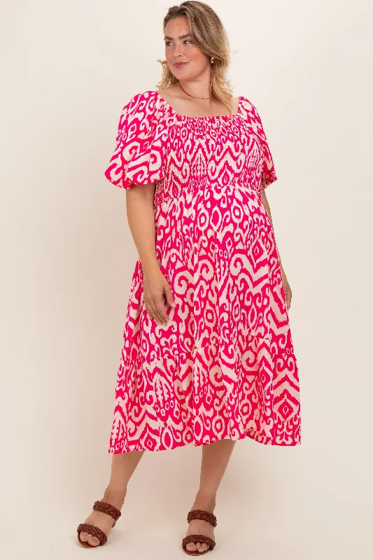 Fuchsia Printed Smocked Puff Sleeve Plus Maternity Midi Dress Trendy Ruched Side Midi Dress