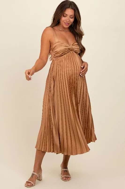 Gold Satin Pleated Sweetheart Maternity Midi Dress Stylish Button-Up Midi Dress