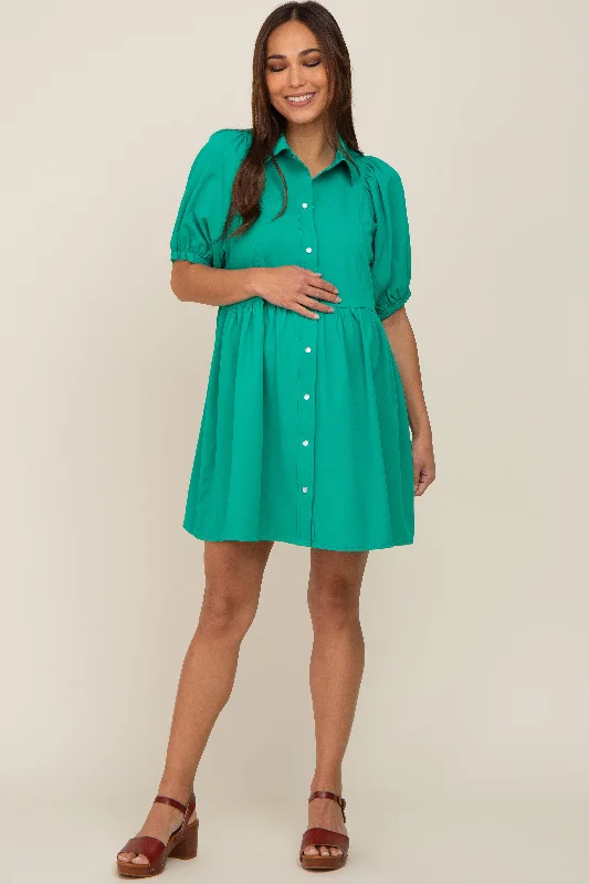 Green Button Down Maternity Mini Dress Comfortable Linen Mini Dress