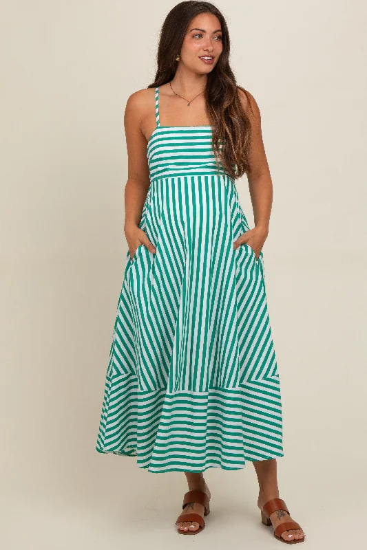 Green Contrast Stripe Maternity Midi Dress Trendy Fit-and-Flare Midi Dress