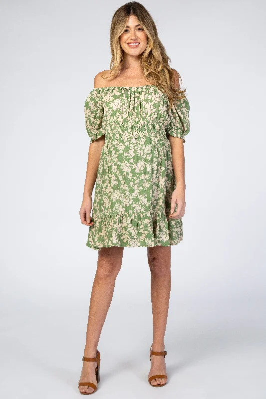 Green Floral Off Shoulder Maternity Mini Dress Casual Mini Dress with Pockets