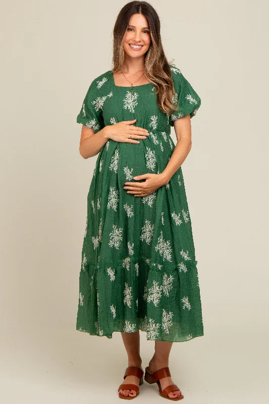 Green Floral Print Ruffle Hem Maternity Midi Dress Fashionable Skater Midi Dress