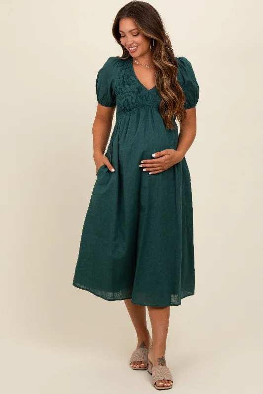 Green Smocked V-Neck Puff Sleeve Maternity Midi Dress Stylish Tiered Midi Dress