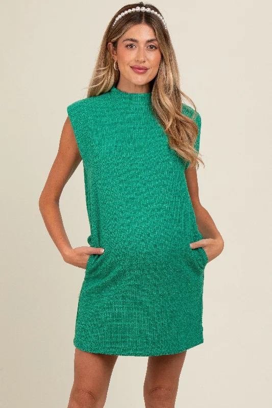 Green Textured Knit Mock Neck Maternity Mini Dress Fashionable Lace-Trim Mini Dress