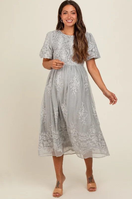 Grey Floral Lace Smocked Maternity Midi Dress Trendy Off-Shoulder Ruffle Midi Dress