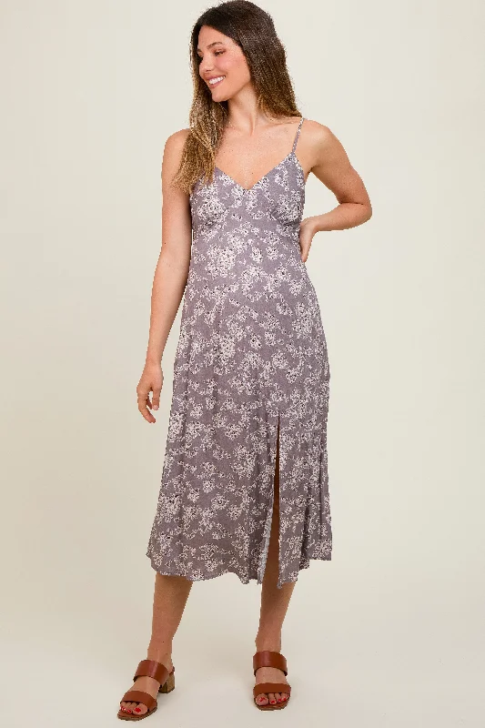 Grey Floral Side Slit Maternity Midi Dress Cozy Ribbed Knit Midi Dress