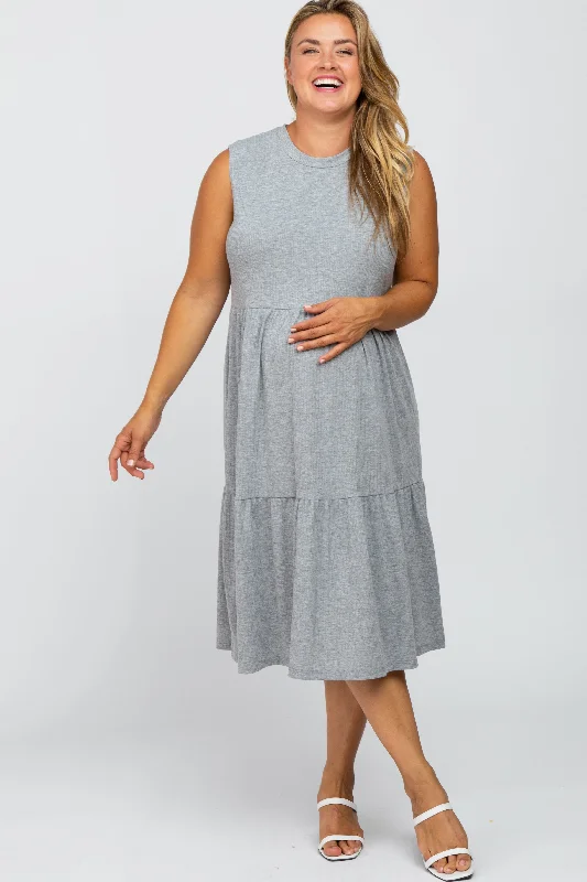 Heather Grey Ribbed Sleeveless Plus Maternity Midi Dress Stylish Long Sleeve Floral Midi Dress