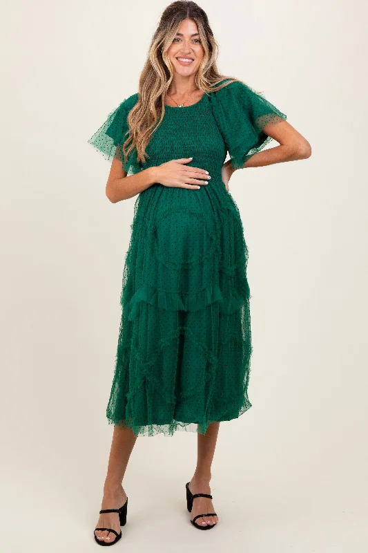 Hunter Green Smocked Ruffled Mesh Maternity Midi Dress Chic Floral Print Midi Dress