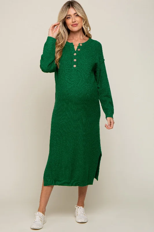 Hunter Green Waffle Knit Button Long Sleeve Maternity Midi Dress Stylish Tiered Midi Dress