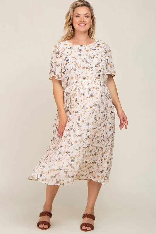 Ivory Floral Chiffon Pleated Short Sleeve Maternity Plus Midi Dress Trendy Fit-and-Flare Midi Dress