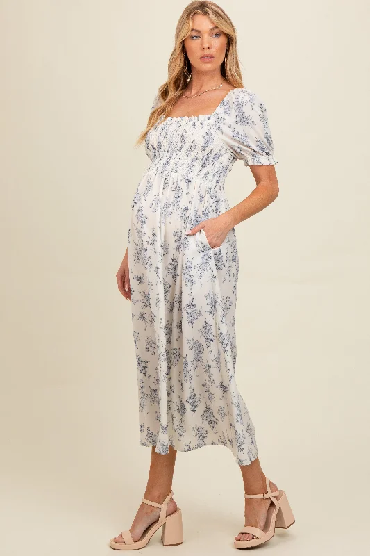 Ivory Floral Smocked Sweetheart Neckline Maternity Midi Dress Fashionable Plaid Midi Dress