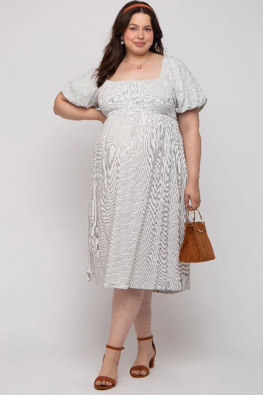 Ivory Striped Linen Smocked Short Puff Sleeve Maternity Plus Midi Dress Cozy A-Line Midi Dress