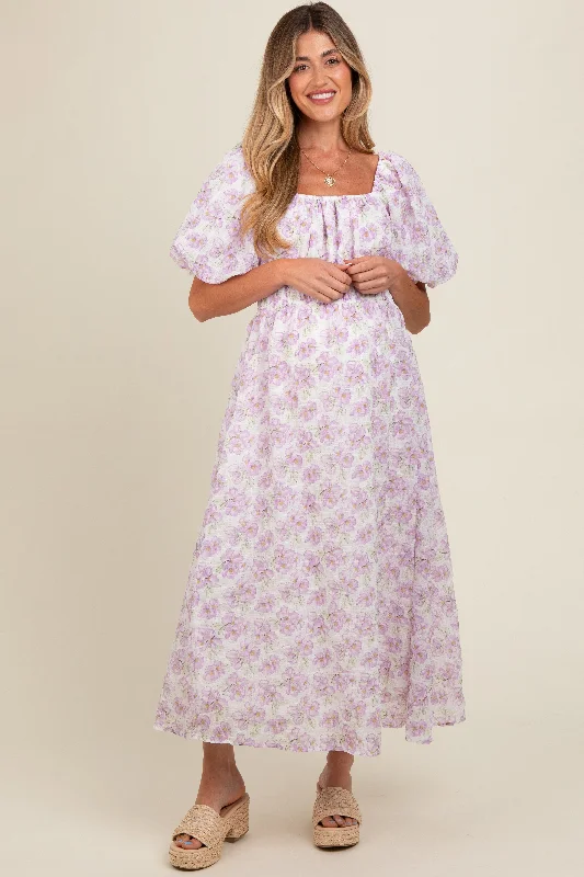 Lavender Floral Puff Sleeve Maternity Midi Dress Trendy Ruffled Sleeve Midi Dress