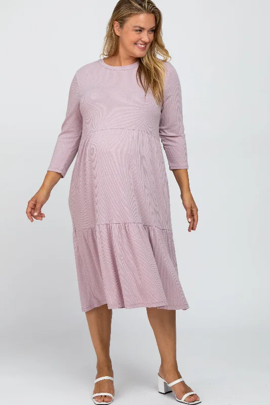 Lavender Tiered Ribbed 3/4 Sleeve Plus Maternity Midi Dress Trendy Smocked Detail Midi Dress