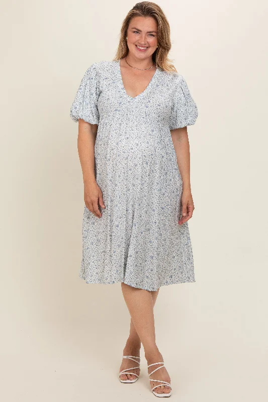 Light Blue Floral Puff Sleeve Plus Maternity Midi Dress Cozy Knit Midi Dress