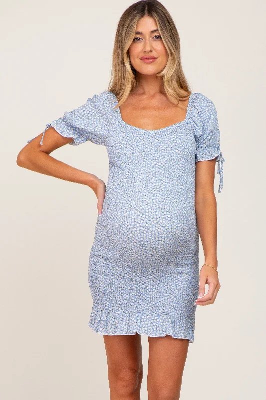 Light Blue Floral Smocked Short Puff Sleeve Maternity Mini Dress Fashionable Mini Dress with Pockets