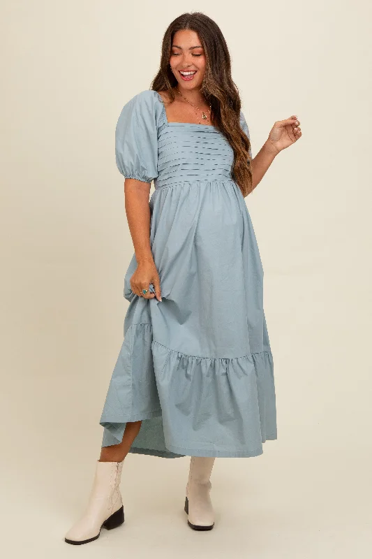 Light Blue Pleated Bodice Puff Sleeve Maternity Midi Dress Fashionable Sheer Sleeve Midi Dress