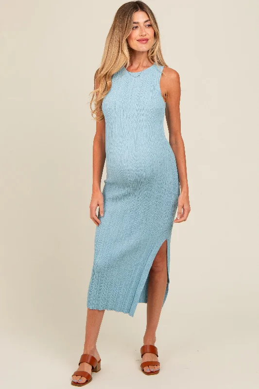 Light Blue Ribbed Side Slit Sleeveless Maternity Midi Dress Cozy Tie-Dye Midi Dress